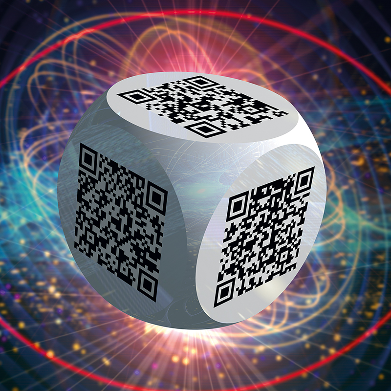Ben 3.0 – La peinture, sculpture cubique blanche de Pierre Tomy Le Boucher portant des QR codes noirs, présentée sur un fond technoïde bleu, rouge et lumineux.