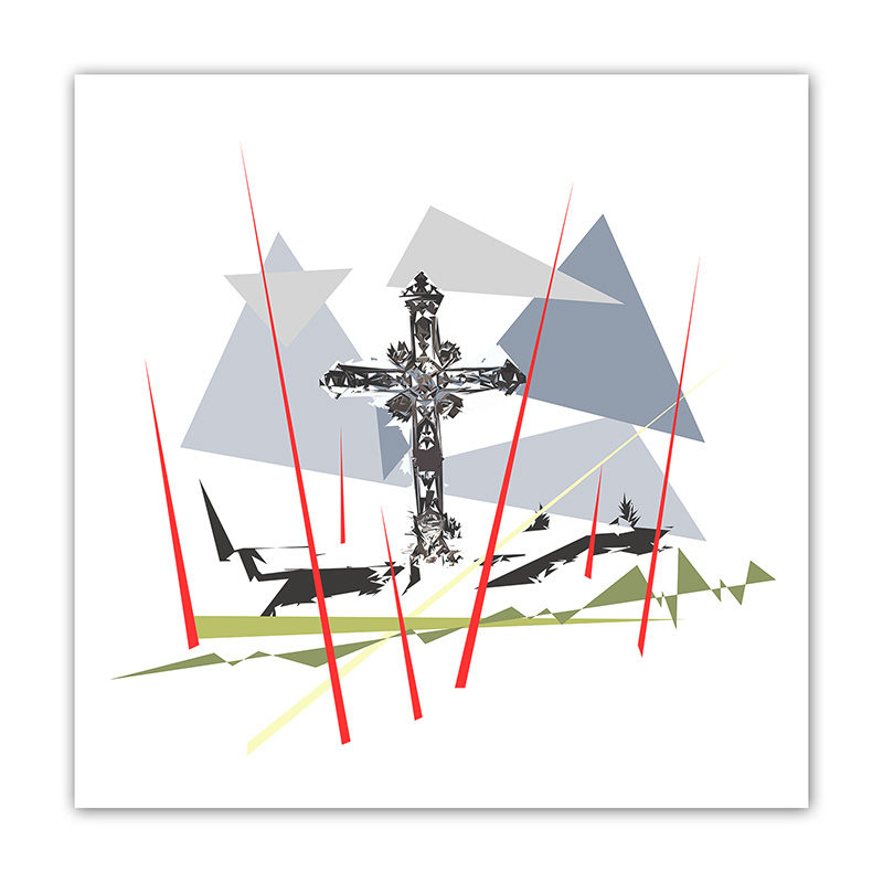 Croix sombre entourée de formes géométriques grises, noires et vertes traversées par de longues lignes rouges verticales, œuvre Comma La montée des âmes de Pierre Tomy Le Boucher.