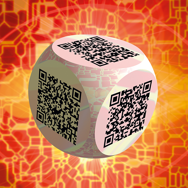 Ben 3.0 – La résilience, sculpture cubique blanche de Pierre Tomy Le Boucher portant des QR codes noirs, présentée sur un fond technoïde orange et lumineux.
