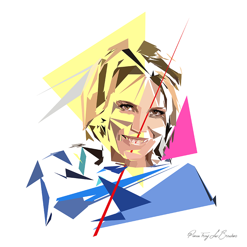Portrait de Laura Tenoudji construit en facettes colorées sur fond blanc, entouré de formes géométriques jaunes, roses, bleues et grises.