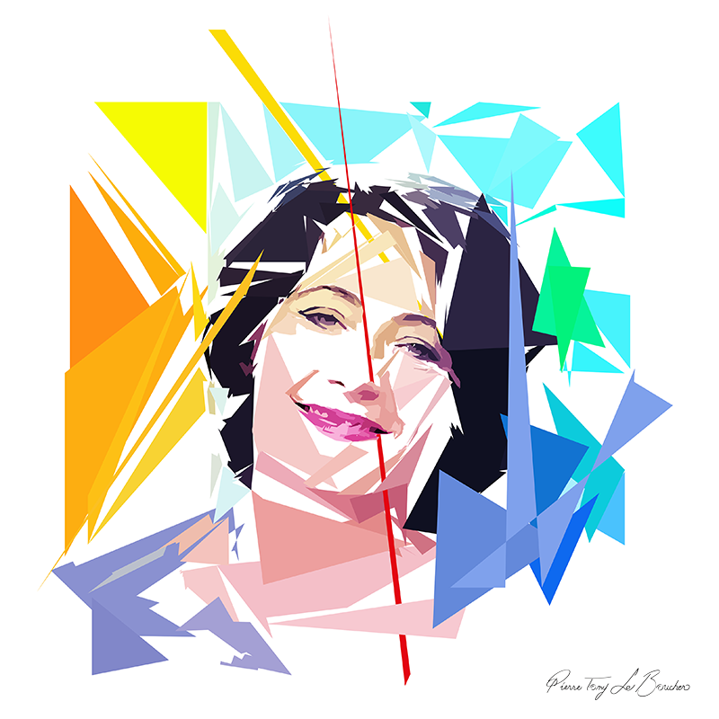 Portrait de Laurence Dorlhac construit en facettes colorées sur fond blanc, entouré de formes géométriques jaunes, orange, turquoise, vertes et bleues.
