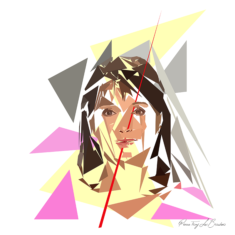 Portrait de Laurence Ostolaza construit en facettes colorées sur fond blanc, entouré de formes géométriques jaunes, roses, grises et brunes.