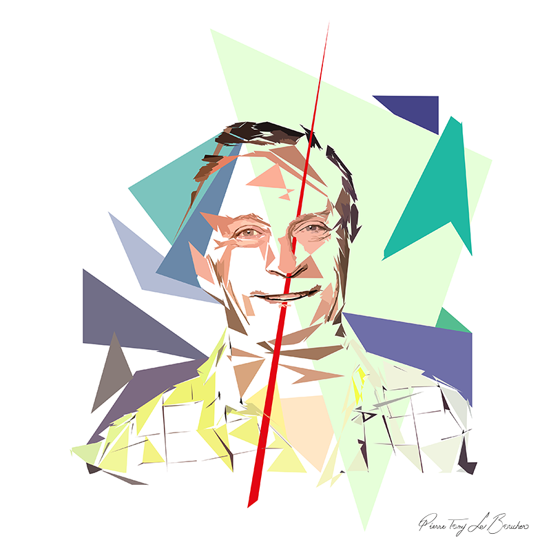 Portrait de Laurent Bignolas construit en facettes colorées sur fond blanc, entouré de formes géométriques vertes, turquoise, mauves, grises et bleu sombre.