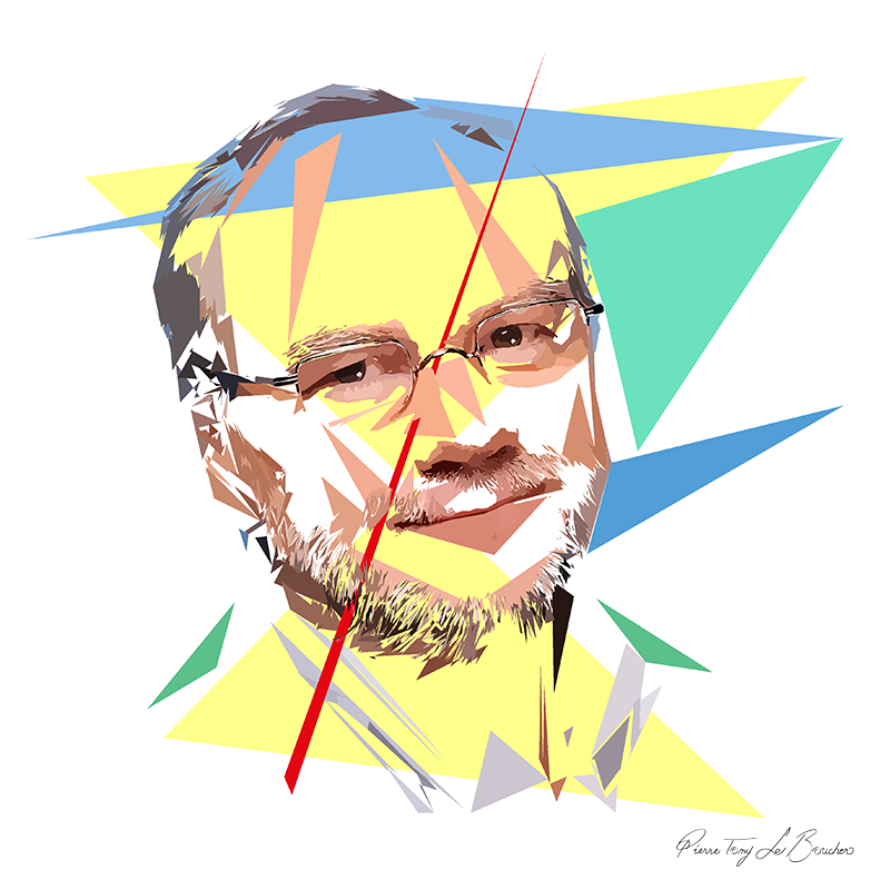Portrait de Laurent Joffrin portant des lunettes et une barbe grisonnante, composé de facettes pêche, brunes, jaunes et blanches, entouré de triangles bleus et verts, avec un long triangle rouge oblique sur fond blanc.