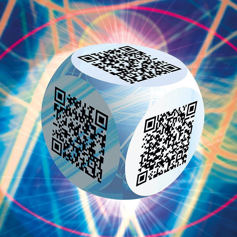 Ben 3.0 – L’art contemporain, sculpture cubique blanche de Pierre Tomy Le Boucher portant des QR codes noirs, présentée sur un fond technoïde bleu, turquoise, orange et lumineux.
