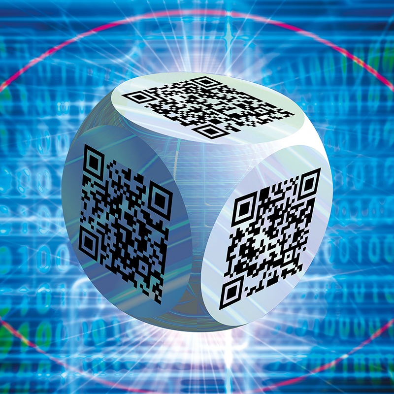 Ben 3.0 – Jean-Michel Basquiat, sculpture cubique blanche de Pierre Tomy Le Boucher portant des QR codes noirs, présentée sur un fond technoïde bleu et lumineux.