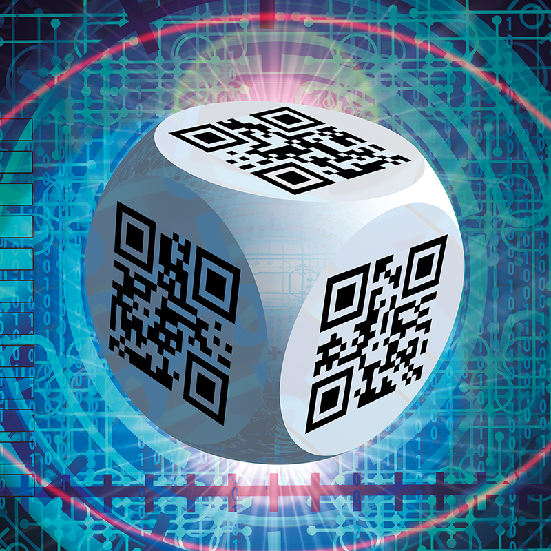 Ben 3.0 – Ben Vautier, sculpture cubique blanche de Pierre Tomy Le Boucher portant des QR codes noirs, présentée sur un fond technoïde bleu et turquoise.
