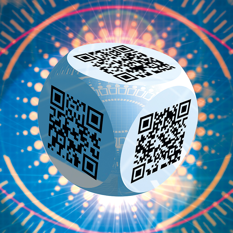 Ben 3.0 – Le bien, sculpture cubique blanche de Pierre Tomy Le Boucher portant des QR codes noirs, présentée sur un fond technoïde bleu et lumineux.