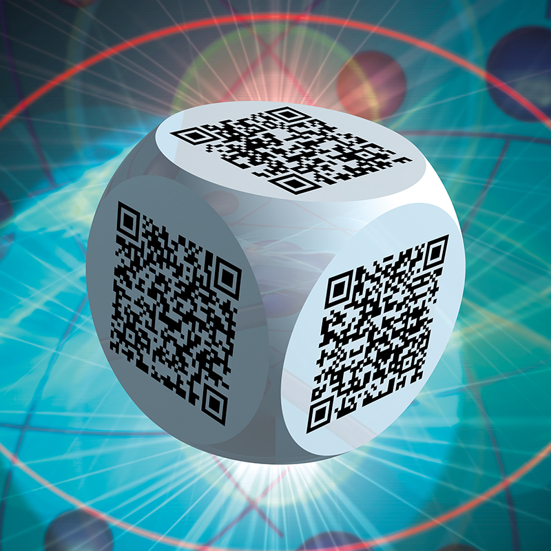 Ben 3.0 – André Breton, sculpture cubique blanche de Pierre Tomy Le Boucher portant six QR codes noirs, présentée sur un fond technoïde bleu turquoise et rouge.