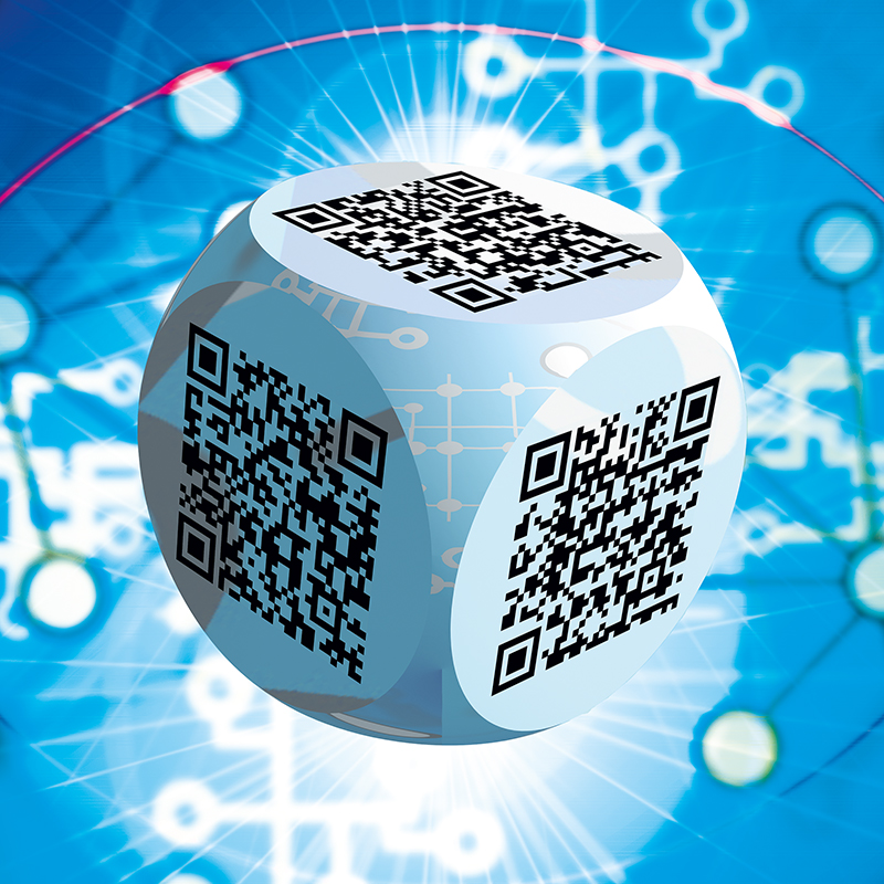 Ben 3.0 – Maurizio Cattelan, sculpture cubique blanche de Pierre Tomy Le Boucher portant six QR codes noirs, présentée sur un fond technologique bleu.