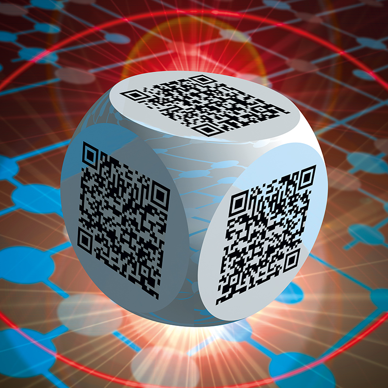 Ben 3.0 – Le classicisme, sculpture cubique blanche de Pierre Tomy Le Boucher portant six QR codes noirs, présentée sur un décor numérique rouge et bleu.