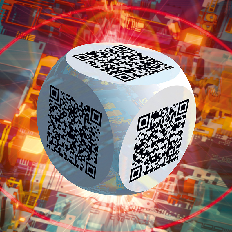Ben 3.0 – Le cubisme, sculpture cubique blanche de Pierre Tomy Le Boucher portant six QR codes noirs, présentée dans un décor numérique rouge et orange.