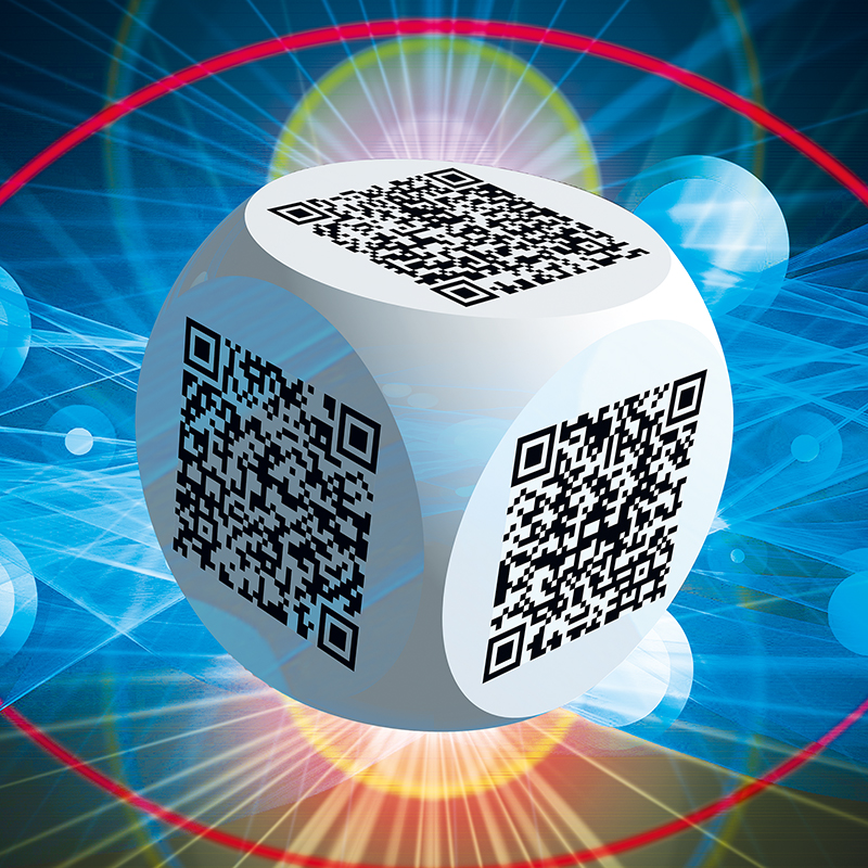 Ben 3.0 – Salvador Dalí, sculpture cubique blanche de Pierre Tomy Le Boucher portant six QR codes noirs, présentée devant un décor numérique bleu, orange et rouge.