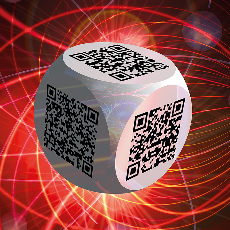 Ben 3.0 – Le diable, sculpture cubique blanche de Pierre Tomy Le Boucher portant six QR codes noirs, présentée dans un décor numérique rouge incandescent.