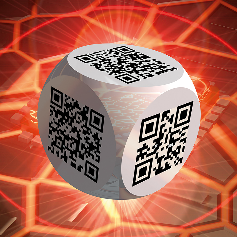 Ben 3.0 – Dieu, sculpture cubique blanche de Pierre Tomy Le Boucher portant six QR codes noirs, présentée dans un décor numérique orange et rouge.