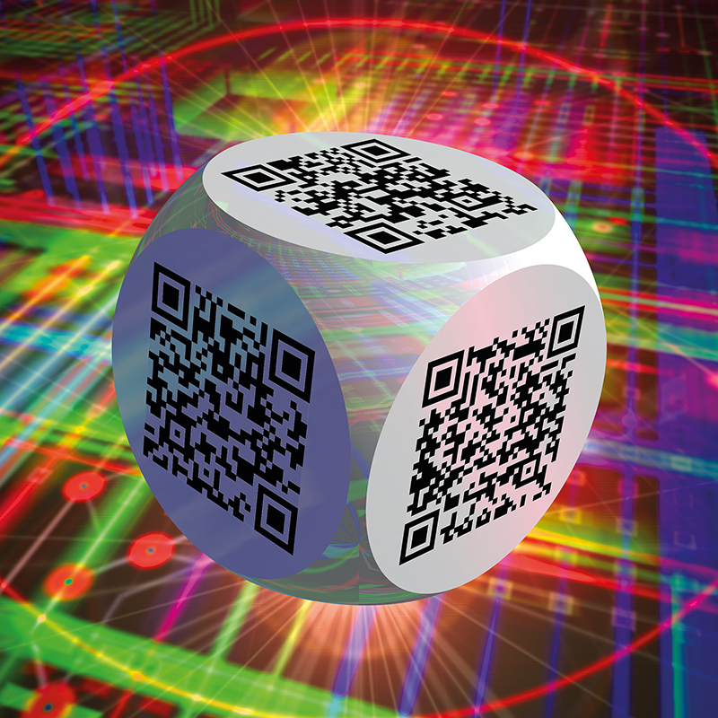 Ben 3.0 – Marcel Duchamp, sculpture cubique blanche de Pierre Tomy Le Boucher portant six QR codes noirs, présentée dans un décor numérique multicolore.