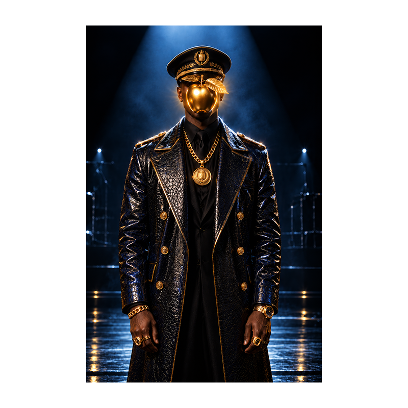 Réinterprétation du Fils de l’homme de René Magritte : homme en casquette d’uniforme et manteau de cuir noir, visage caché par une pomme dorée, chaînes et bijoux d’or, éclairage de scène bleu.