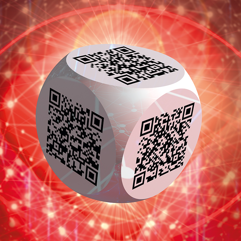 Ben 3.0 – Fluxus, sculpture cubique blanche de Pierre Tomy Le Boucher portant six QR codes noirs, présentée dans un décor numérique rouge lumineux.