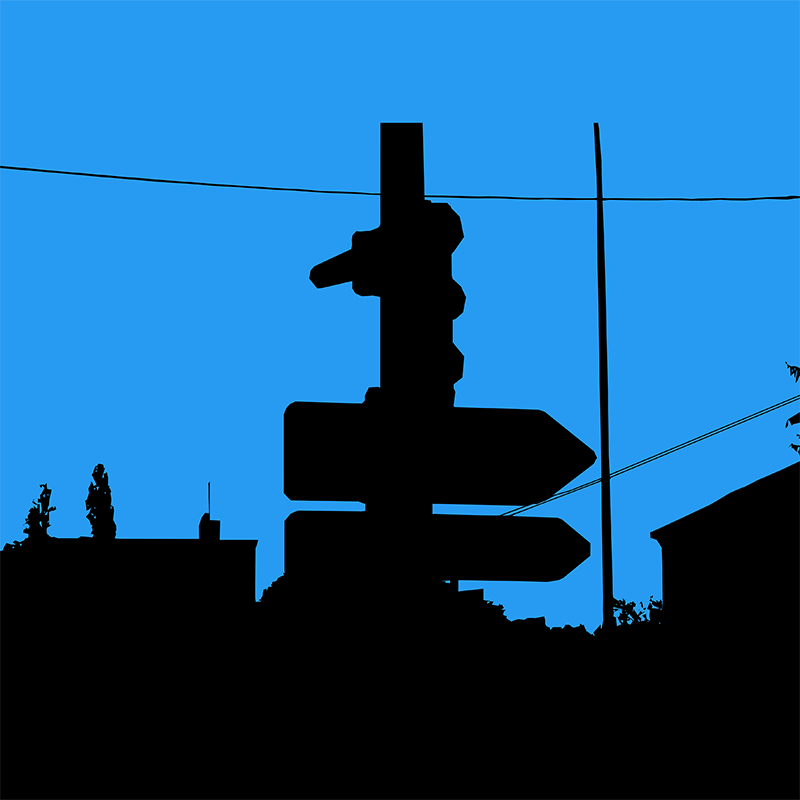 Silhouettes noires de panneaux directionnels, de câbles et d’éléments urbains sur un ciel bleu uniforme.