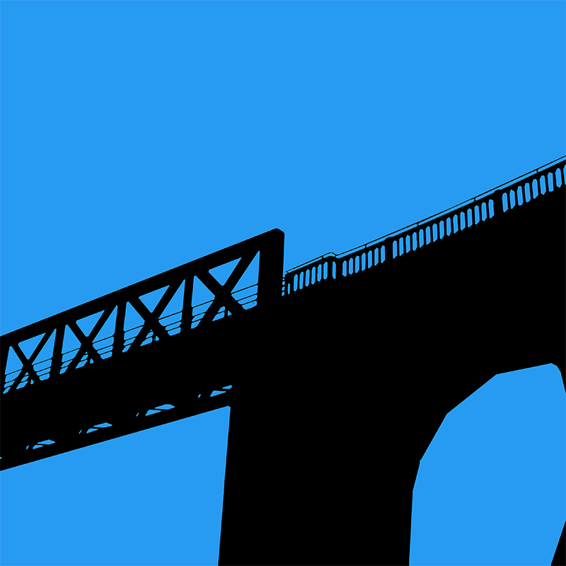 Silhouette noire d’une structure métallique traversant un ciel bleu uniforme.