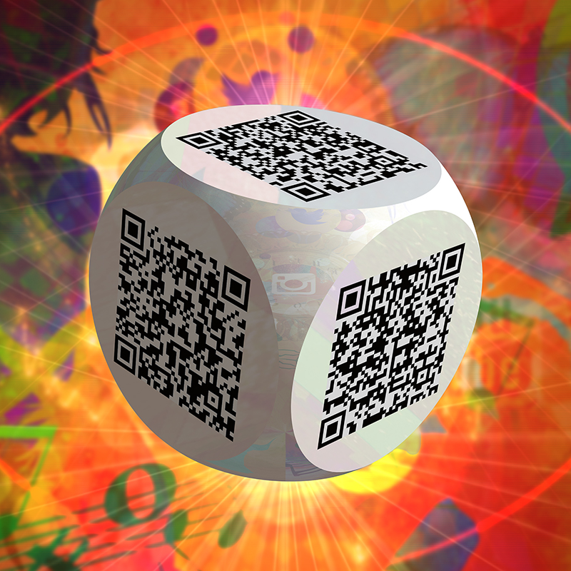 Ben 3.0 – Frida Kahlo, sculpture cubique blanche de Pierre Tomy Le Boucher portant six QR codes noirs, présentée dans un décor numérique orange, rouge et multicolore.