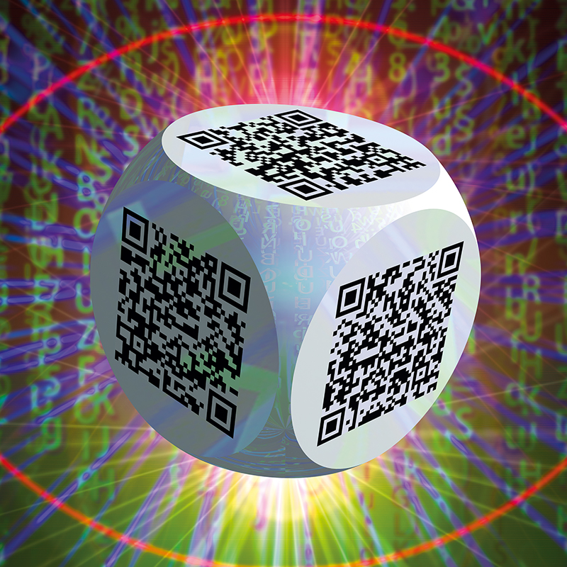 Ben 3.0 – Ingres, sculpture cubique blanche de Pierre Tomy Le Boucher portant six QR codes noirs, présentée dans un décor numérique multicolore.
