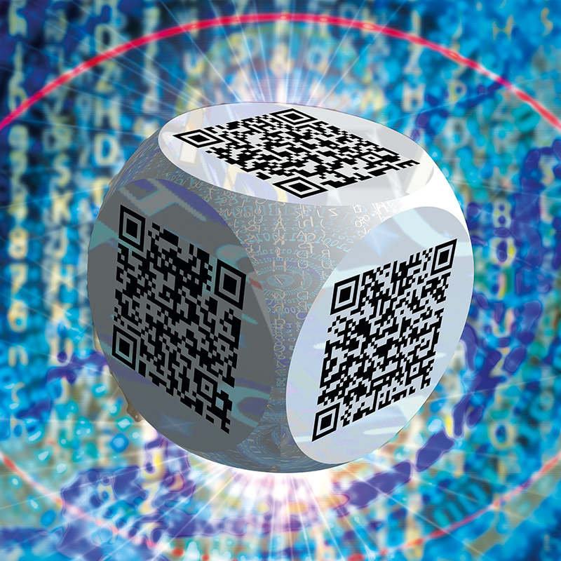Ben 3.0 – Vassily Kandinsky, sculpture cubique blanche de Pierre Tomy Le Boucher portant six QR codes noirs, présentée dans un décor numérique bleu multicolore.