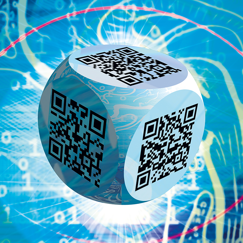 Ben 3.0 – Paul Klee, sculpture cubique blanche de Pierre Tomy Le Boucher portant six QR codes noirs, présentée dans un décor numérique bleu.