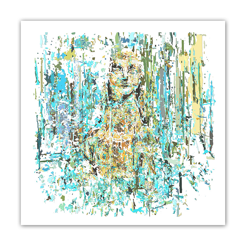 Figure assise recomposée en fragments turquoise, verts, ocres, gris et blancs, œuvre Comma Livre de la sagesse de Pierre Tomy Le Boucher.