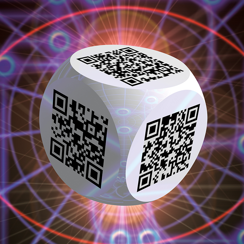 Ben 3.0 – Le mal, sculpture cubique blanche de Pierre Tomy Le Boucher portant six QR codes noirs, présentée dans un décor numérique rouge, violet et lumineux.