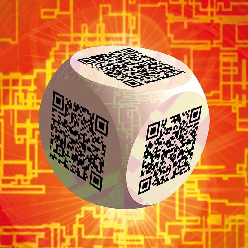 Ben 3.0 – Édouard Manet, sculpture cubique blanche de Pierre Tomy Le Boucher portant six QR codes noirs, présentée dans un décor numérique orange et jaune.