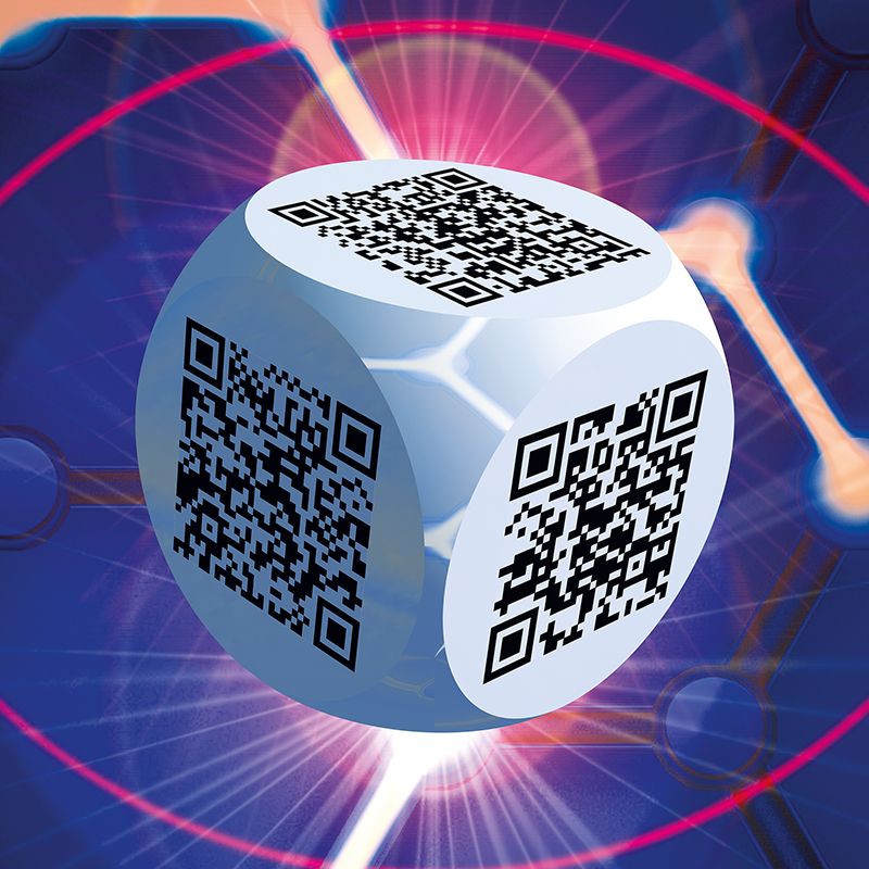 Ben 3.0 – Henri Matisse, sculpture cubique blanche de Pierre Tomy Le Boucher portant six QR codes noirs, présentée dans un décor numérique bleu et violet.