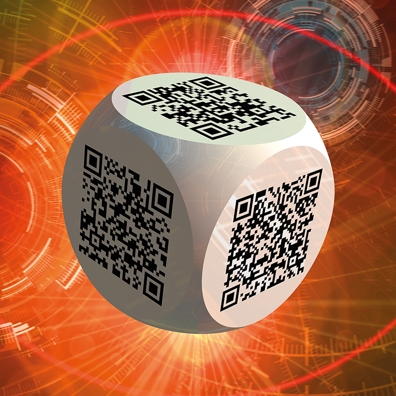 Ben 3.0 – Michel-Ange, sculpture cubique blanche de Pierre Tomy Le Boucher portant six QR codes noirs, présentée dans un décor numérique orange et lumineux.
