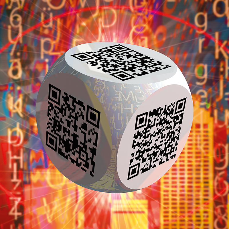 Ben 3.0 – Joan Miró, sculpture cubique blanche de Pierre Tomy Le Boucher portant six QR codes noirs, présentée dans un décor numérique orange composé de lettres et de signes.