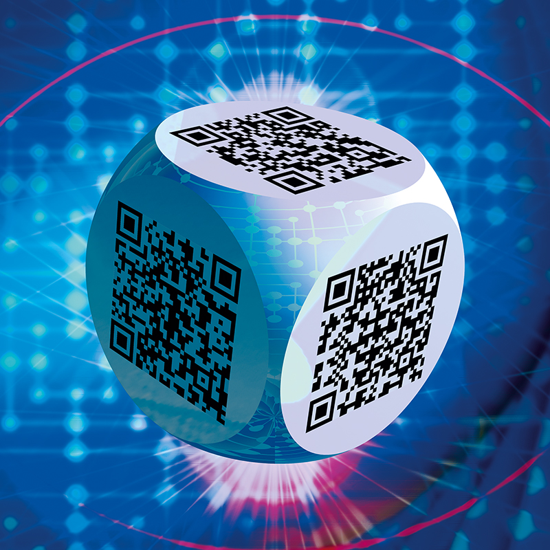 Ben 3.0 – Piet Mondrian, sculpture cubique blanche de Pierre Tomy Le Boucher portant six QR codes noirs, présentée dans un décor numérique bleu structuré par des réseaux géométriques.