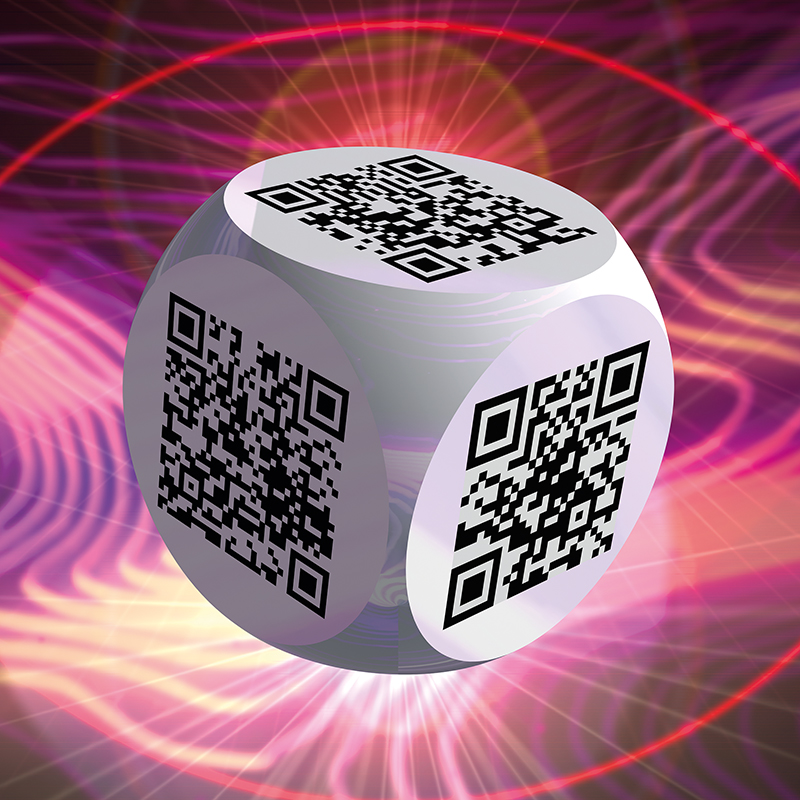 Ben 3.0 – Pablo Picasso, sculpture cubique blanche de Pierre Tomy Le Boucher portant six QR codes noirs, présentée dans un décor numérique rose, violet et rouge.