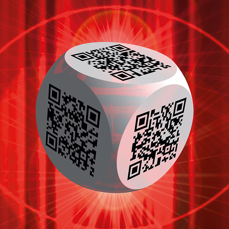 Ben 3.0 – Jackson Pollock, sculpture cubique blanche de Pierre Tomy Le Boucher portant six QR codes noirs, présentée dans un décor numérique rouge évoquant un réseau de lignes.