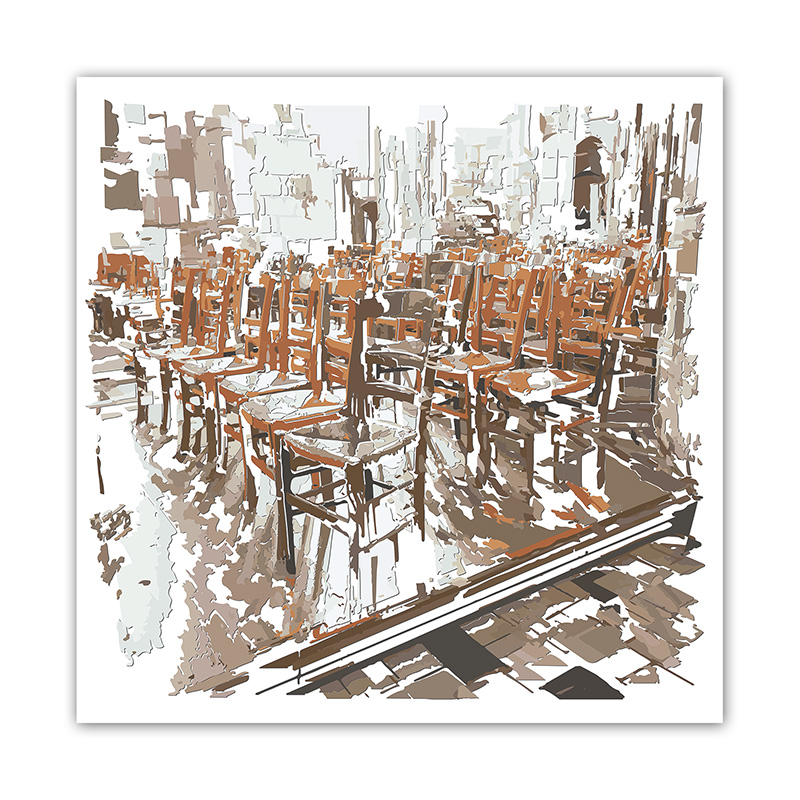 Rangées de sièges en bois dans un espace intérieur fragmenté en blancs, ocres, bruns et gris, œuvre Comma Le Prétoire de Pierre Tomy Le Boucher.