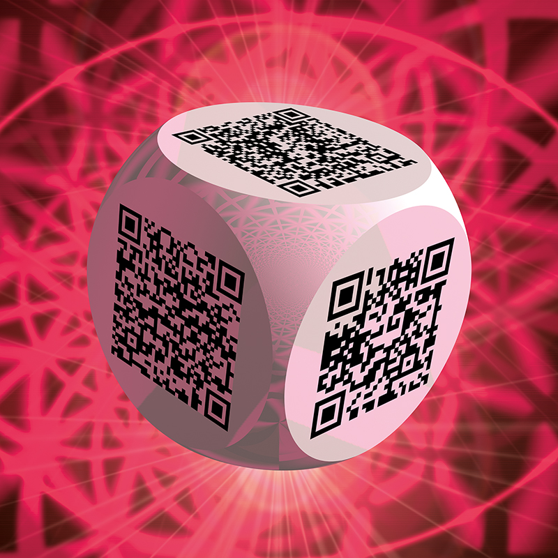 Ben 3.0 – Rembrandt, sculpture cubique blanche de Pierre Tomy Le Boucher portant six QR codes noirs, présentée dans un décor numérique rouge et rose.