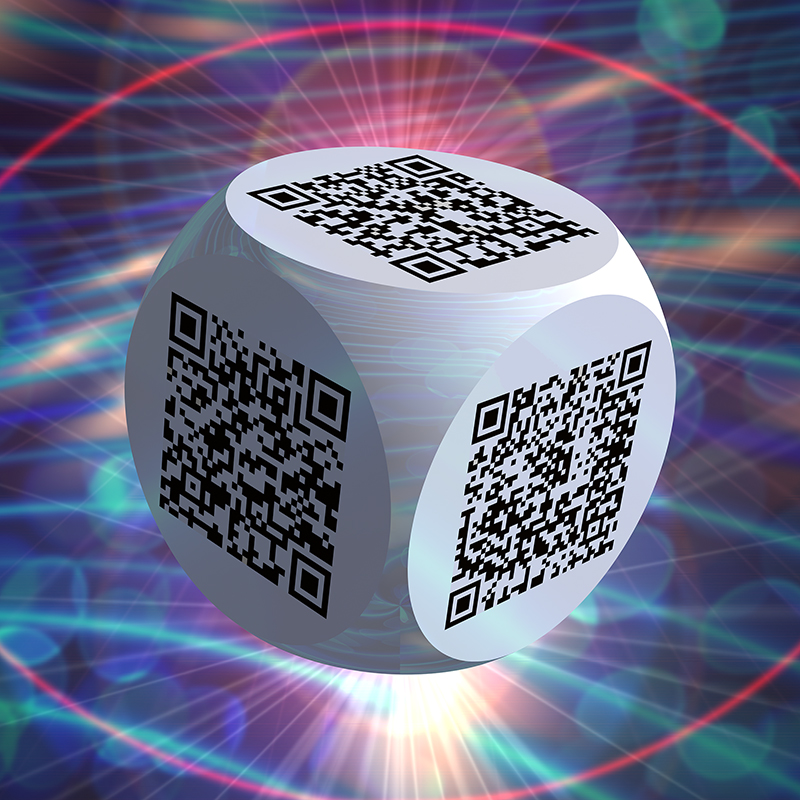 Ben 3.0 – Le romantisme, sculpture cubique blanche de Pierre Tomy Le Boucher portant six QR codes noirs, présentée dans un décor numérique bleu, violet et lumineux.