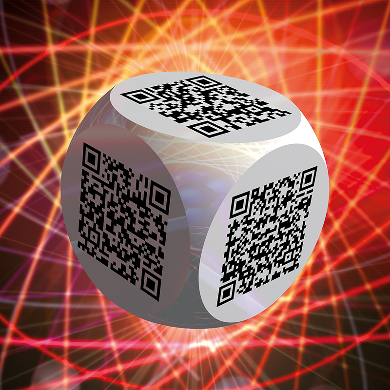 Ben 3.0 – Le surréalisme, sculpture cubique blanche de Pierre Tomy Le Boucher portant six QR codes noirs, présentée dans un décor numérique rouge, orange et lumineux.