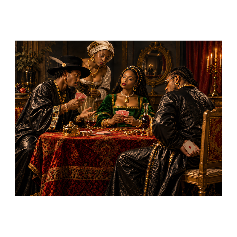 Le Tricheur à l’as de carreau réinterprété : quatre personnages autour d’une table de jeu, robes et manteaux noirs brodés d’or, une femme en robe verte et un joueur cachant une carte derrière son dos.