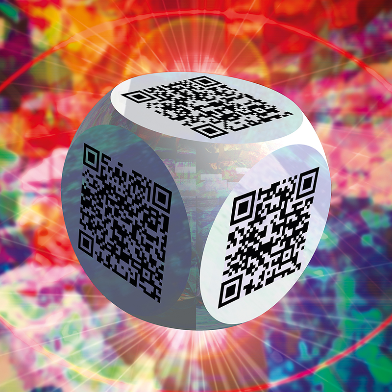 Ben 3.0 – Warhol, sculpture cubique blanche de Pierre Tomy Le Boucher portant six QR codes noirs, présentée dans un décor numérique très coloré dominé par des rouges, roses, bleus et jaunes.