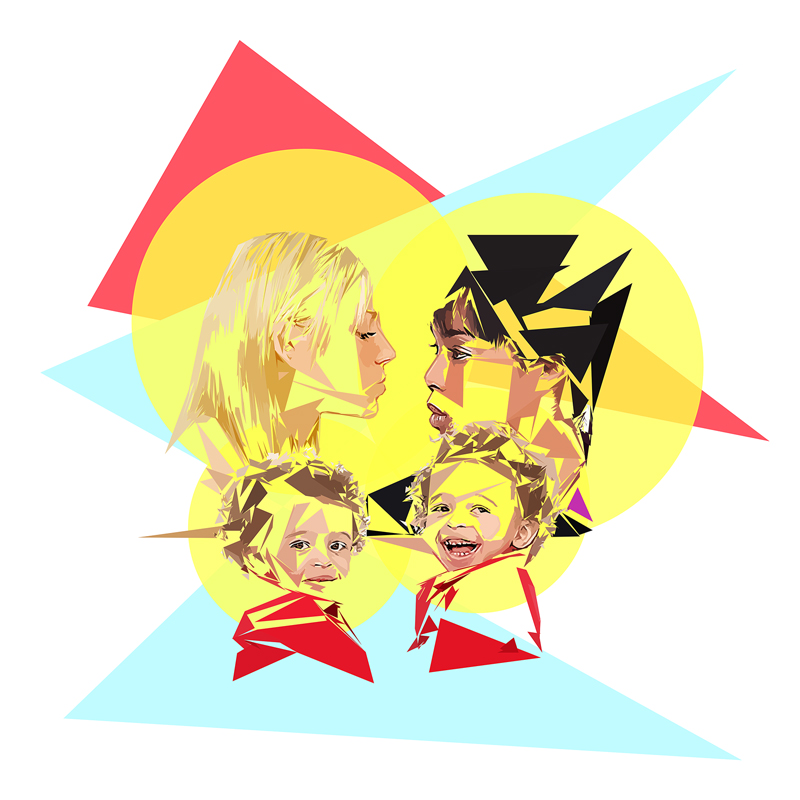 Deux femmes, l’une blonde et l’autre brune, se font face au-dessus de deux jeunes enfants, dans une composition de disques jaunes et de triangles rouges et turquoise sur fond blanc.