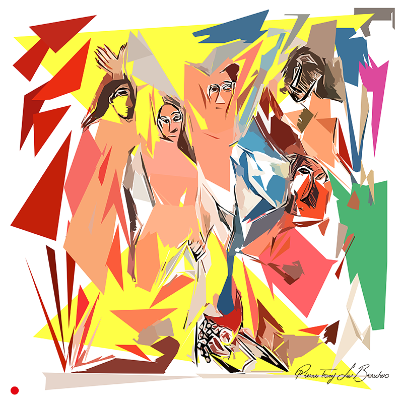 Réinterprétation des Demoiselles d’Avignon de Pablo Picasso, cinq figures féminines transformées en droites, pointes et plans géométriques orangés, jaunes, bleus, verts et rouges, œuvre de Pierre Tomy Le Boucher.