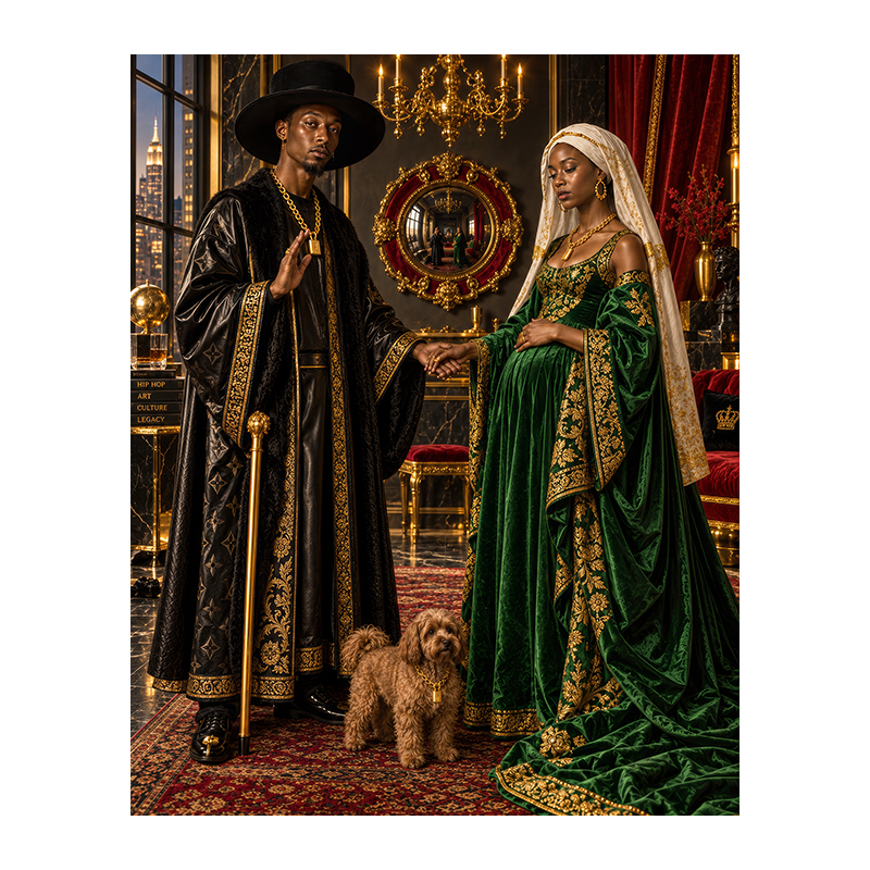 Réinterprétation des Époux Arnolfini de Jan van Eyck : couple en vêtements noirs et robe verte, bijoux dorés, mains jointes, chien au premier plan et miroir convexe dans un intérieur luxueux.
