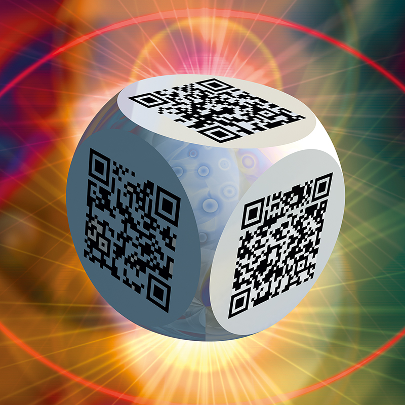 Ben 3.0 – Les femmes, sculpture cubique blanche de Pierre Tomy Le Boucher portant six QR codes noirs, présentée dans un décor numérique lumineux aux tonalités orange, rouge, vert et bleu.