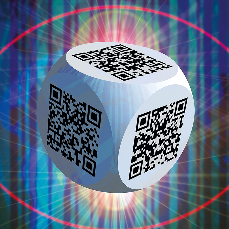 Ben 3.0 – Les hommes, sculpture cubique blanche de Pierre Tomy Le Boucher portant six QR codes noirs, présentée dans un décor numérique bleu, vert et violet.