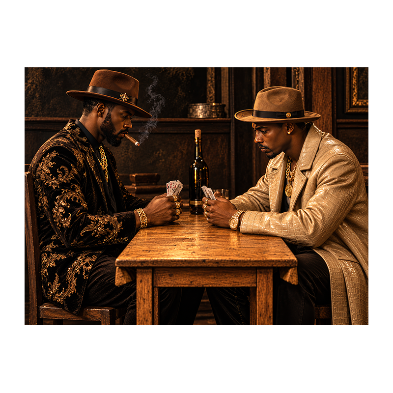 Les Joueurs de cartes de Cézanne réinterprétés : deux hommes en chapeaux et vêtements luxueux, assis face à face autour d’une table en bois, jouent aux cartes ; bijoux dorés, cigarette et bouteille au centre.