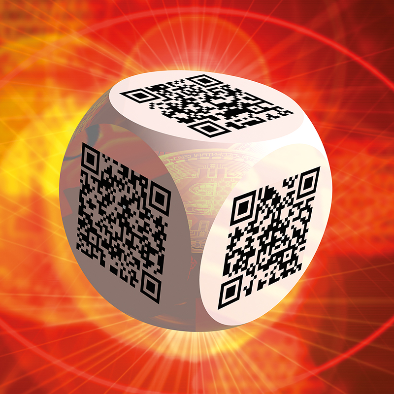 Ben 3.0 – Les lions, sculpture cubique blanche de Pierre Tomy Le Boucher portant six QR codes noirs, présentée dans un décor numérique rouge, orange et lumineux.